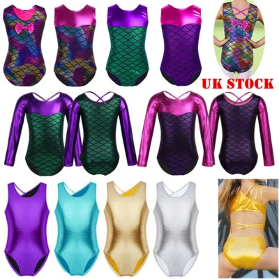 UK Girls Ballet Mermaid Dance Costume Kid Gymnastics Metallic Leotards Dancewear - Image 1 of 2