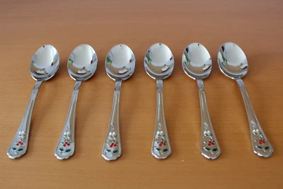 6 Pfaltzgraff Winterberry Soup Spoons COLORED Berries Stainless Flatware 6 3/4"  - Image 1 of 4