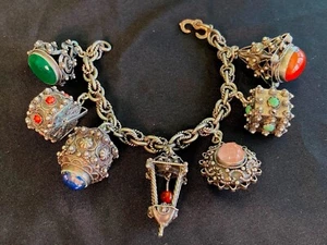 Vintage Italian/Etruscan 7 Charm Bracelet Real Gemstones & Silver, Wearable Art! - Picture 1 of 13
