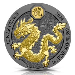 1 oz Silver Rwanda Lunar Dragon 2024 - Gold Gilded & Ruthenium plated + box&COA - Picture 1 of 2