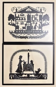 Obra de arte vintage de silueta de corte de papel fino en dos marcos de metal negro de 8 X 10 - Imagen 1 de 5