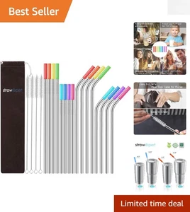 16 extra lange Edelstahl Strohhalme mit Silikonspitzen - perfekt für Becher - Bild 1 von 6