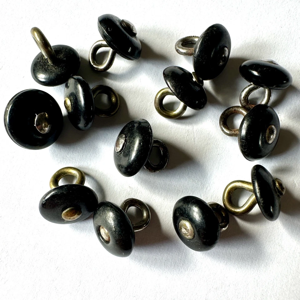 Set of 12 Antique Victorian Boot/Dress Buttons Brass Shanks 9mm black - Image 1 of 1