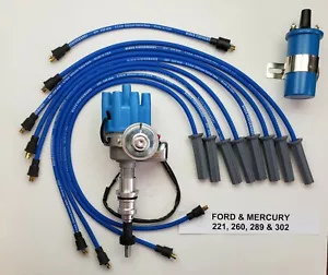 FORD 289 302 SMALL FEMALE HEI DISTRIBUTOR + COIL + 8.5mm SPARK PLUG WIRES - BLUE - Picture 1 of 2