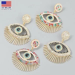Fashion Women Retro Earrings Crystal Pearls Big Hollow Evil Eye Lucky Stud 0440 - Picture 1 of 7