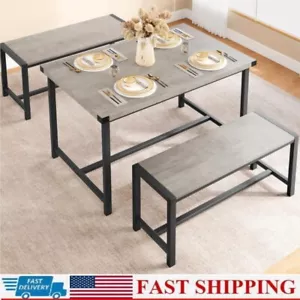 Dining Table Set for 4, Kitchen Table with 2 Metal Wood Benches Rustic Gray - Picture 1 of 8