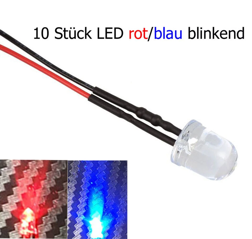 10x LED 3mm ROT/BLAU BLINKEND 6-12 V Beleuchtung RC-Car Auto Boot Police Polizei - Bild 1 von 1