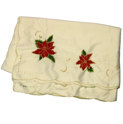 JC Penny Home Collection Poinsettia Embroidered Eyelet Ivory Table Cloth 60x84 - Image 1 of 4