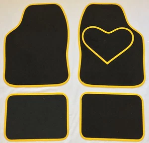 BLACK CAR MATS WITH YELLOW HEART HEEL PAD FOR VAUXHALL ADAM AGILA ASTRA ANTARA - Picture 1 of 1