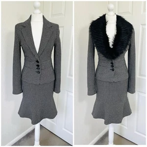 Zara Black Ivory Pencil Skirt Suit Detachable Faux Fur Collar Size 8 - S275 - Picture 1 of 8