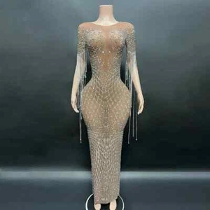 Transparent Long Diamond Dark Brown Party Dress Birthday Costume Fancy Dancer - Picture 1 of 15