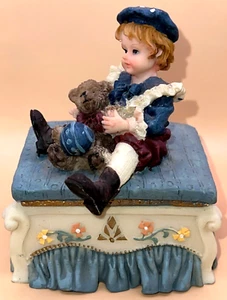 Trinket Box Victorian Era Boy with Teddy Bear & Ball/Resin Vintage - Picture 1 of 12