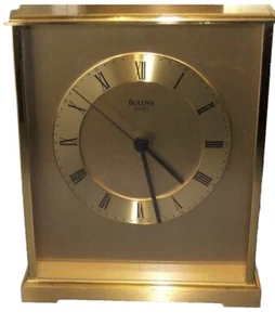 Vintage Bulova Brushed Brass & Glass Quartz Desk/Mantle Clock Time Decor GUC - Picture 1 of 11