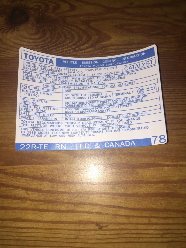 Toyota 1986 22rte camioneta 4runner turbo emisiones calcomanía repro federal #78 Foto 1 de 1