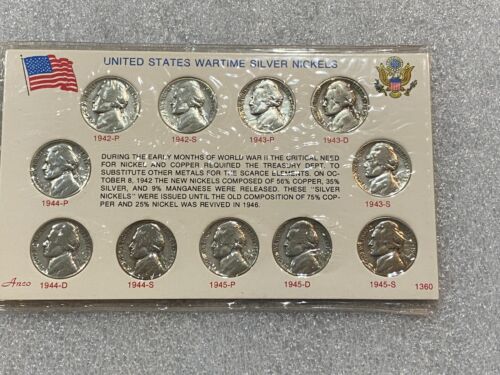 Us Wartime Silver Nickels Set Complete ~ 11 Coins in Sealed Card