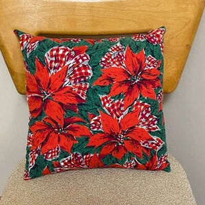 Handmade 1970s Fabric Christmas Pillow Green Red Square - Picture 1 of 5