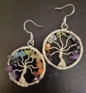 Tree of life gemstone earrings multi color new sterling silver ear hooks unbrand - Picture 1 of 5