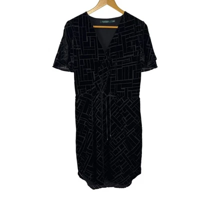 Lauren Ralph Lauren Black Velvet Burnout Dress Drawstring V Neck Size 6 READ - Image 1 of 4