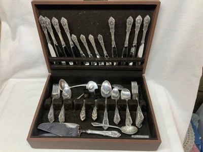 WALLACE Sterling Silver ROSE POINT Flatware Set for 8 serving pieces Total 63 Pc - Image 1 of 4