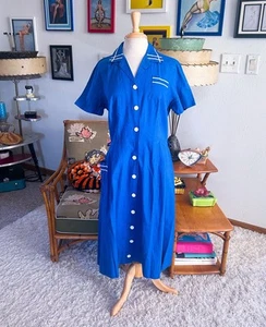 Vintage 1950s Dress Blue Sailor L XL White Trim Linen Blend 50s Curvy - Picture 1 of 7