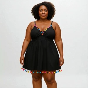 SHEIN Swim Curve Pom-Pom Decor Tankin nero trasparente (solo top) taglie forti 3XL - Foto 1 di 11