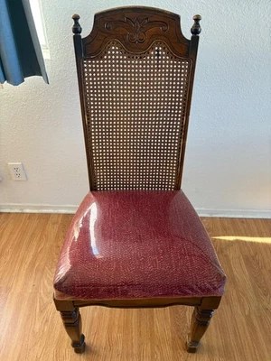 Vintage French Dining Chair Victorian Wood Pattern and Red Upholstery - Image 1 of 4