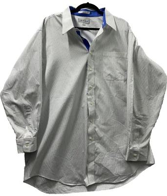 PAUL FREDERICK Dress Shirt Striped White Blue Two-Ply Cotton Pinpoint 18-33 - Image 1 of 4