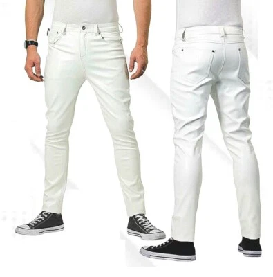 Pantalones/pantalones cargo de cuero blanco para hombre calce ajustado pantalones de cuero PU Foto 1 de 2