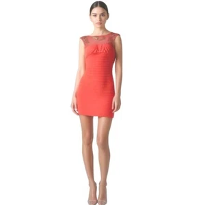 Sherri Hill Sleeveless Coral Pink Embellished Cocktail Dress 0 Sheer Beaded Neck - Picture 1 of 11
