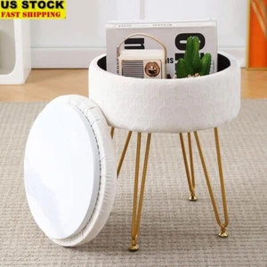 Velvet Storage Ottoman Round Footrest Stool Multifunctional Upholstered Modern - Picture 1 of 9