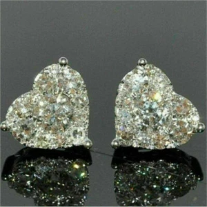 2Ct Heart Lab Created Diamond Push Back Halo Stud Earrings 14K White Gold Plated - Picture 1 of 4