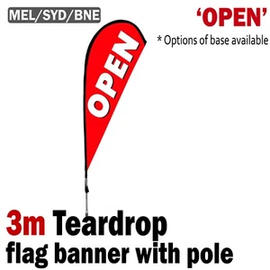 'OPEN' Teardrop Flag 3m Red Single side, flying banner with Pole Kit for shop - Picture 1 of 9