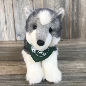 Bass Pro Shop Plush Puppy Dog Husky 12” Wolf Gray White Green Bandana Realistic - Picture 1 of 8