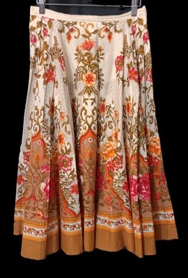 Coldwater Creek Ivory Pink Peach Olive Brown Floral Cotton Full Midi Skirt, PS - Image 1 of 3