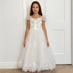Kleid Mädchen weiß Blumen Größe 12 elegant Spitze Tüll Party Hochzeit Geburtstag - Bild 1 von 14