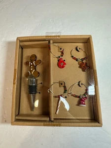 Tapón de botella de pan de jengibre de Navidad para hombre y 4 dijes de vino NUEVO - Imagen 1 de 3