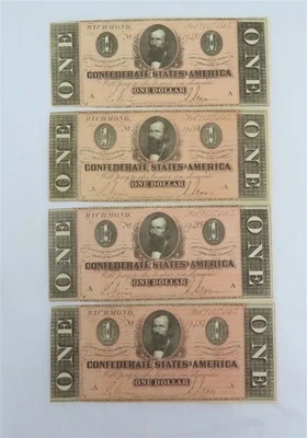 Set of (4) 1864 Uncirculated Consecutive Serial Number Confederate $1 Notes  - Image 1 of 4