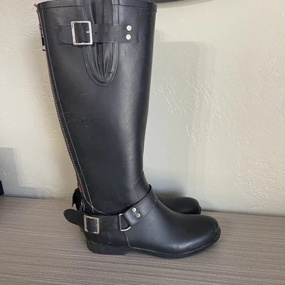 Steve Madden 海啸黑色橡胶高雨靴全拉链 8 码骑行 — 第 1/4 张图片