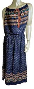 Womens Maxi Dress Boho M/L Summer Navy Multi Print Beach Cover Up Lightweight - Picture 1 of 12