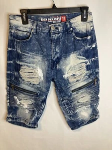 Lion Dynasty Shorts 18 Slim Blue Paint Drip Distressed Denim Street Hip Hop Punk - Picture 1 of 8