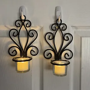 Black Wrought Iron Wall Hanging Candle Holders Tea Light Votive Holders~Set of 2 - Picture 1 of 3