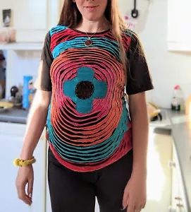 Boho Hippie Handmade Festival Flower Applique Short Sleeve T-Shirt Multicoloured - Picture 1 of 7