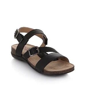 PureSole™ "Madison" Leather Buckled Flat Sandal, Black, Size 5.5 Med. - Picture 1 of 1
