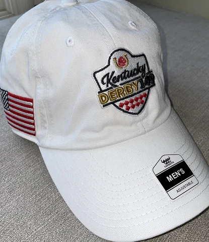 2023 Kentucky Derby Baseball Hat-White cloth with Derby logo & US Flag-FREE SHIP Cover