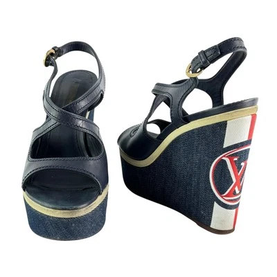 LOUIS VUITTON Postcard Navy Blue Leather Denim Women Wedge 36.5 - 6.5US - Image 1 of 4