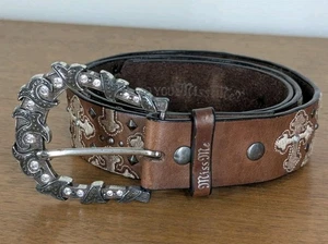 Miss Me Belt Women Genuine Leather Brown Crystal Studded Cross Sz Medium 34-38"  - Picture 1 of 6