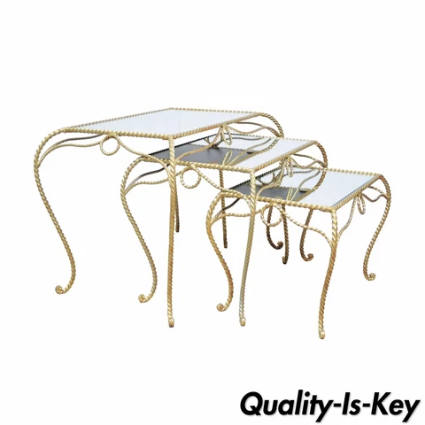 Vintage Stack Nest of Italian Gold Rope Mirror Tole End Tables Hollywood Regency Cover