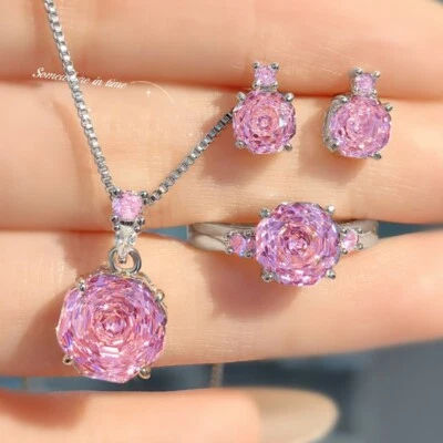 3pc Octagon Rose Cut Pink Topaz Gemstone Charm Women Silver Necklace Rings - Image 1 of 4