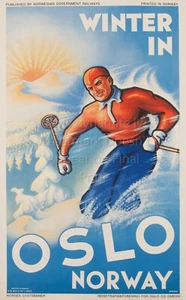 Vintage Norway Norge Travel Poster or Rolled Canvas Print "SKIING" WINTER OSLO - Bild 1 von 1