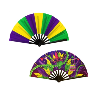 Conjunto de ventiladores manuais 2 peças Mardi Gras – listras e festa terça-feira gorda carnaval ventiladores dobráveis - Imagem 1 de 2